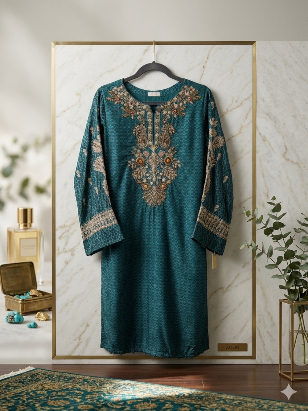 Zoon Tribe Hand Embroidered Teal Kurta Dress Tunic - Size Small - EUC